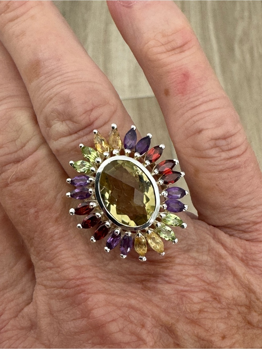 Sterling Silver Multi-Gemstone Cocktail Ring - Yellow Center
